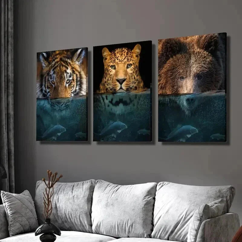 3pcs Underwater Tiger Leopard Grizzly Bear Wall Art Set Canvas Framed 40x60cm - High Quality Print 100% Australian Made Wall Canvas Ready to Hang