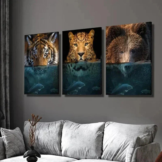 3pcs Underwater Tiger Leopard Grizzly Bear Wall Art Set Canvas Framed 40x60cm - High Quality Print 100% Australian Made Wall Canvas Ready to Hang