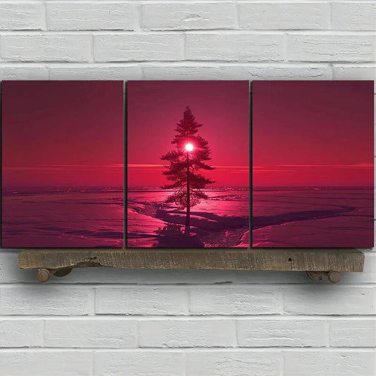 3pcs Red Winter Pine Tree Sunset Metal Print Ready to Hang Art