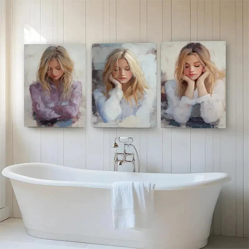 3pcs Thoughtful Young Woman Portraits Perfect Wall Art Set Canvas Framed 40x60cm - High Quality Print 100% Australian Made Wall Canvas Ready to Hang