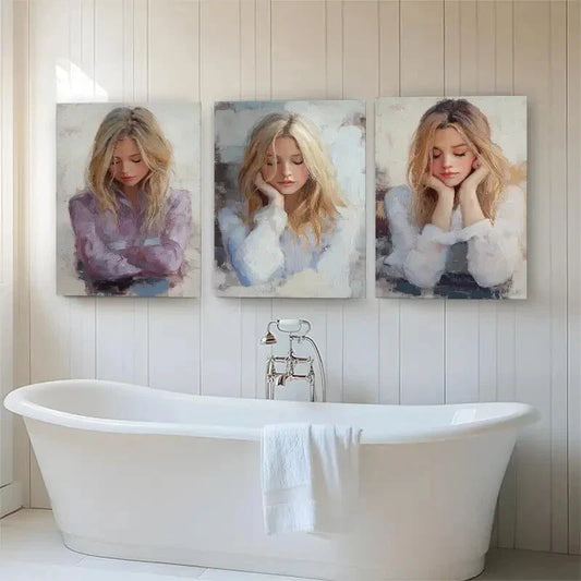 3pcs Thoughtful Young Woman Portraits Perfect Wall Art Set Canvas Framed 40x60cm - High Quality Print 100% Australian Made Wall Canvas Ready to Hang