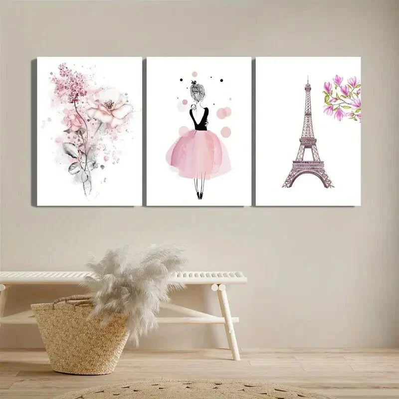 3pcs Dancing Girl Flowers, French Eiffel Tower Metal Print Ready to Hang Art