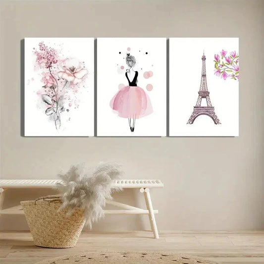 3pcs Dancing Girl Flowers, French Eiffel Tower Metal Print Ready to Hang Art