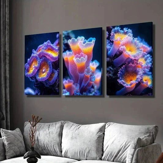 3pcs Colorful Sea Anemones Sea Plant Wall Art Set Canvas Framed 40x60cm - High Quality Print 100% Australian Made Wall Canvas Ready to Hang