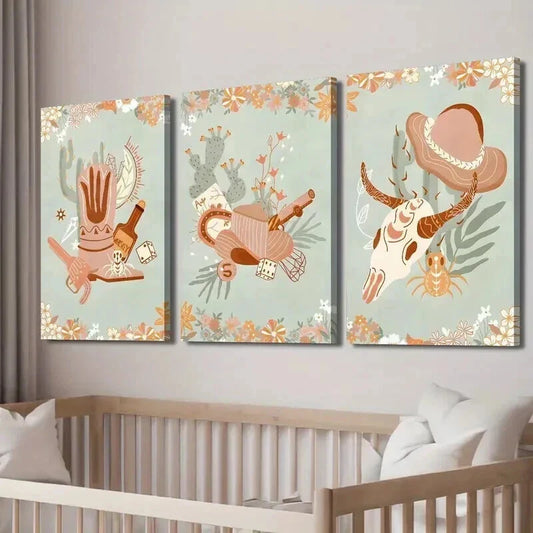 3pcs Southwestern Cowboy Boots & Hat Wall Art Set Canvas Framed 40x60cm - High Quality Print 100% Australian Made Wall Canvas Ready to Hang