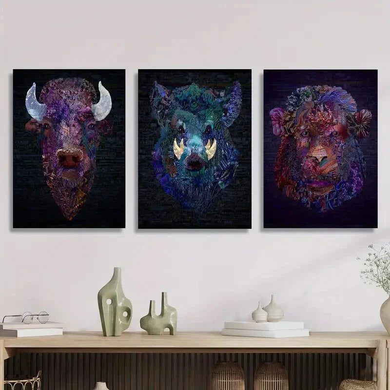 3pcs The Heads of Bulls, Wild Boars and Monkeys Metal Print Ready to Hang Art