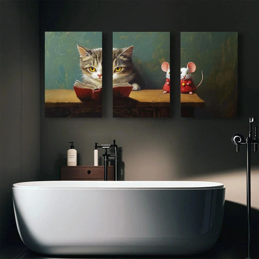 3pcs Fashionable Abstract Reading Cats & Cute Mice Metal Print Ready to Hang Art