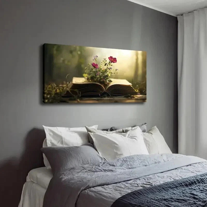 Vibrant Flowers & Open Book Wall Art Canvas Office Home Room Framed 120x60cm
