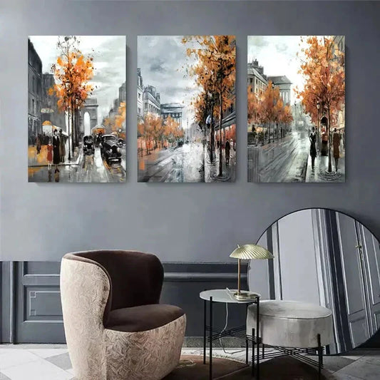 3pcs Paris Street Scene Autumn Trees Metal Print Ready to Hang Art