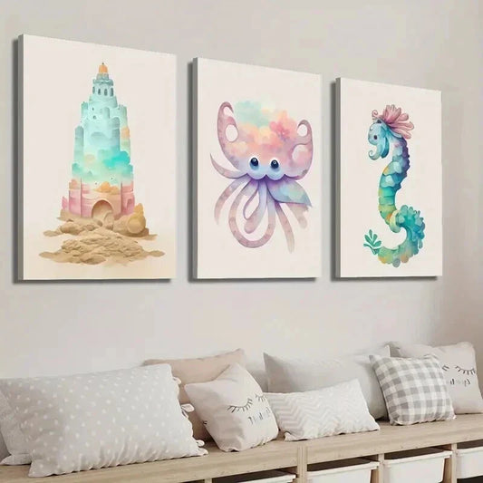 3pcs Sandstone Castle Octopus Seahorse Wall Art Set Canvas Framed 40x60cm - High Quality Print 100% Australian Made Wall Canvas Ready to Hang