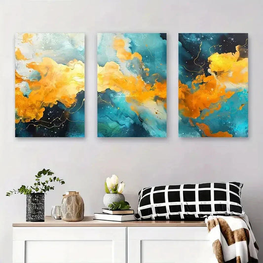 3pcs Blue, Orange & Teal Watercolor Vibrant Metal Print Ready to Hang Art