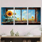 3pcs Vibrant Yellow Sunflowers in Blue Window Metal Print Ready to Hang Art