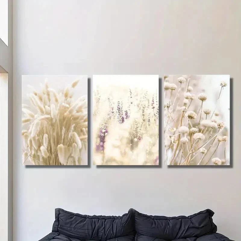 3pcs ,Dogtail Grass & Flowers - Classic Modern Metal Print Ready to Hang Art