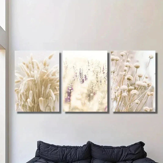 3pcs ,Dogtail Grass & Flowers - Classic Modern Metal Print Ready to Hang Art