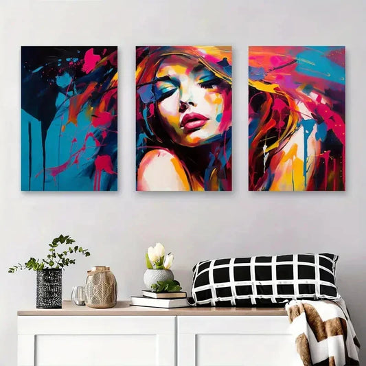 3pcs Vibrant Abstract Portrait of a Woman Metal Print Ready to Hang Art