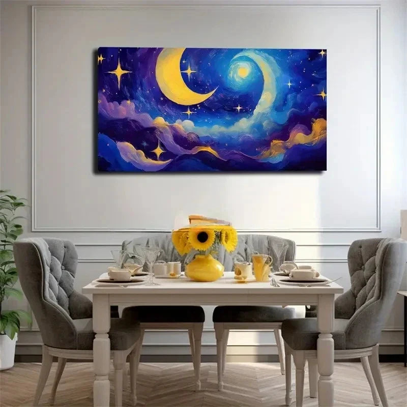 Blue Night Sky Moon & Stars Wall Art Canvas Office Home Room Framed 80x45cm