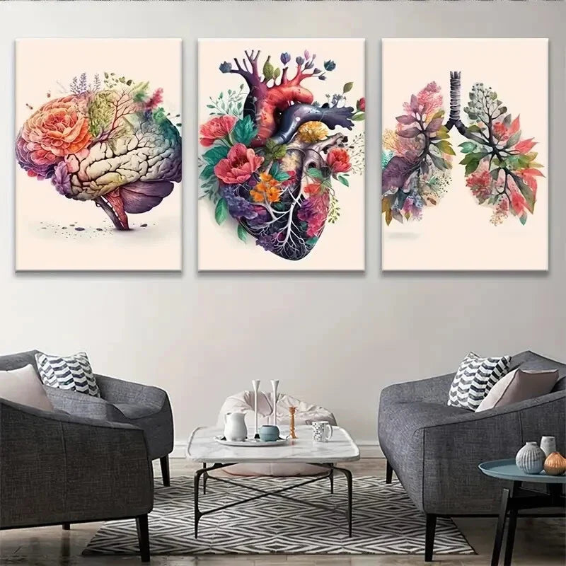 3pcs Beautiful Human Anatomy Brain Heart & Lungs Metal Print Ready to Hang Art