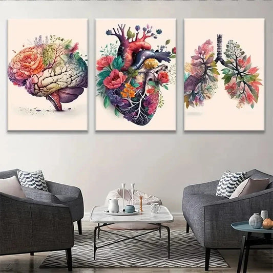 3pcs Beautiful Human Anatomy Brain Heart & Lungs Metal Print Ready to Hang Art
