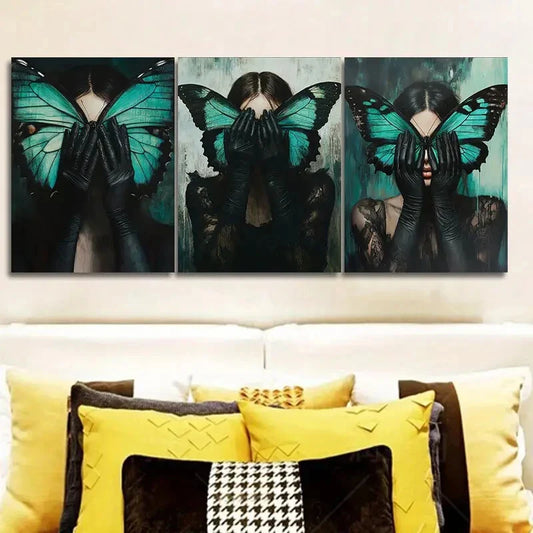3pcs The Woman with The Green Butterfly On Face Metal Print Ready to Hang Art