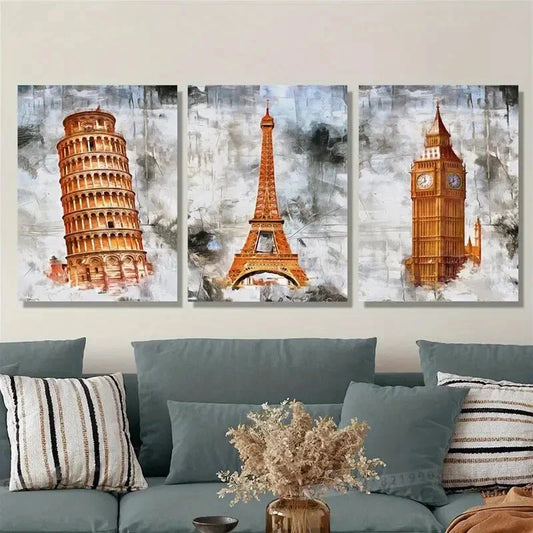 3pcs Landscape Leaning Tower, Eiffel Tower Big Ben Metal Print Ready to Hang Art