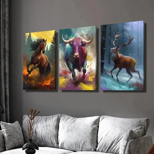 3pcs Horse Bull Deer Running in the Forest Wall Art Set Canvas Framed 40x60cm - High Quality Print 100% Australian Made Wall Canvas Ready to Hang