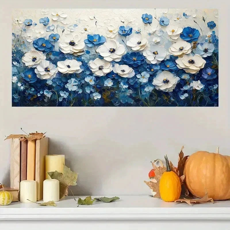White & Blue Abstract Floral Wall Art Canvas Office Home Room Framed 80x45cm