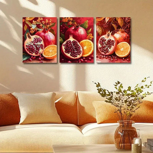 3pcs Delicious Pomegranate and Orange Metal Print Ready to Hang Art
