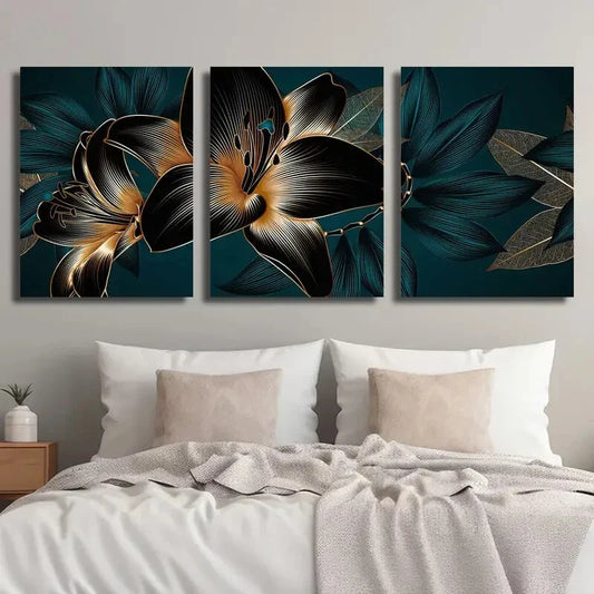 3pcs Abstract Botanical Flower Pattern Black Metal Print Ready to Hang Art