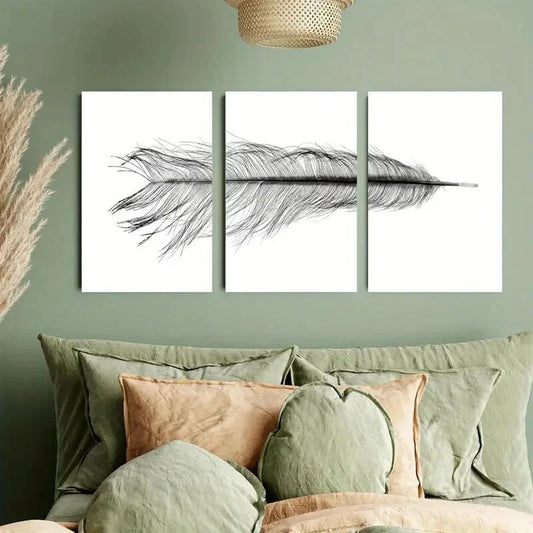 3pcs Modern Black and White Feather Metal Print Ready to Hang Art
