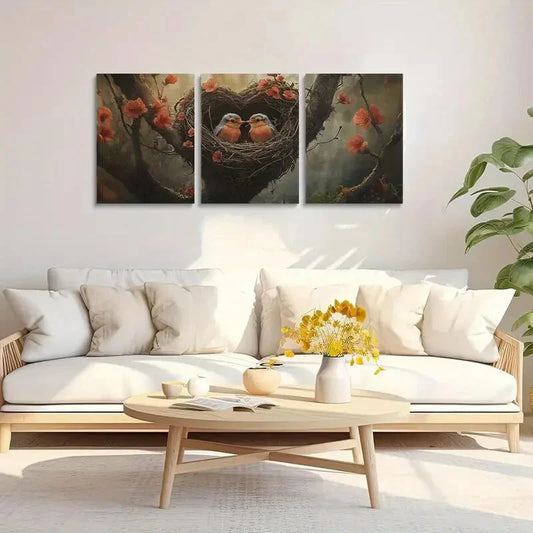 3pcs Heart-Shaped Tree Trunk with Youngsters Robin Metal Print Ready to Hang Art