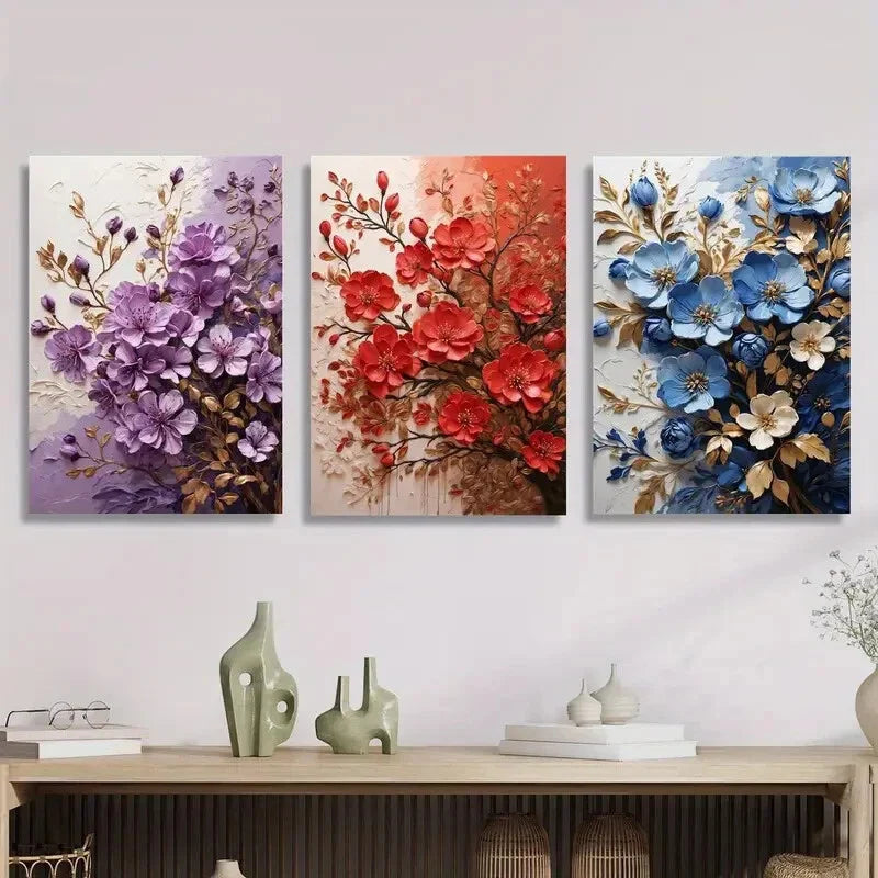 3pcs flower branch art paintings, colorful flower  Metal Print Ready to Hang Art