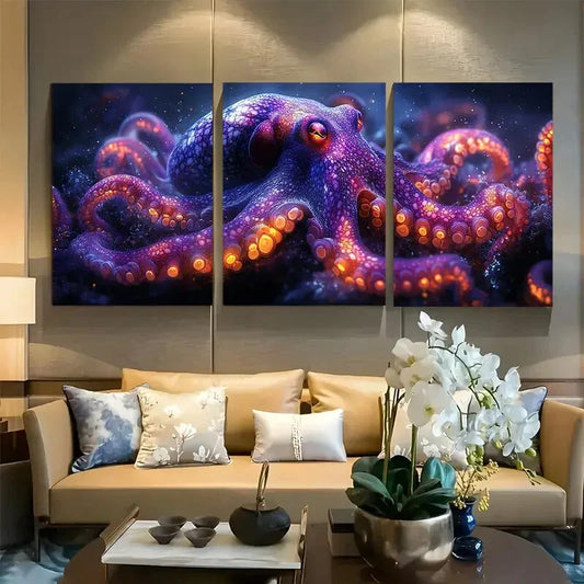 3pcs Mesmerizing Deep Sea Octopus Marine Life Metal Print Ready to Hang Art