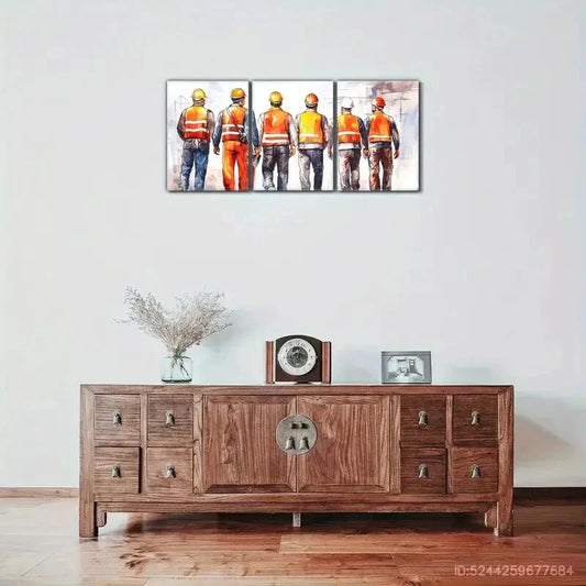 3pcs Architectural Wall Art with Helmeted Workers Metal Print Ready to Hang Art