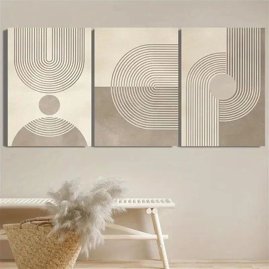 3pcs Beige & Brown Minimalist Line Metal Print Ready to Hang Art