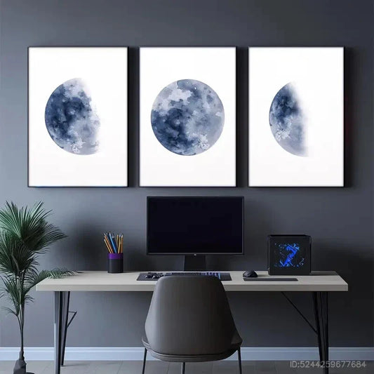 3pcs Blue Planet Space Art Moon Minimalist Metal Print Ready to Hang Art