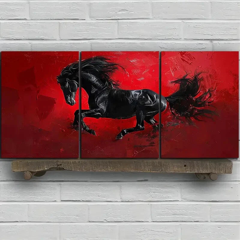 3pcs Black & Red Black Running Horse Metal Print Ready to Hang Art