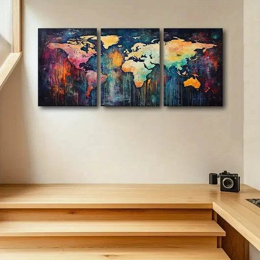 3pcs Colorful Watercolor World Map Design Metal Print Ready to Hang Art
