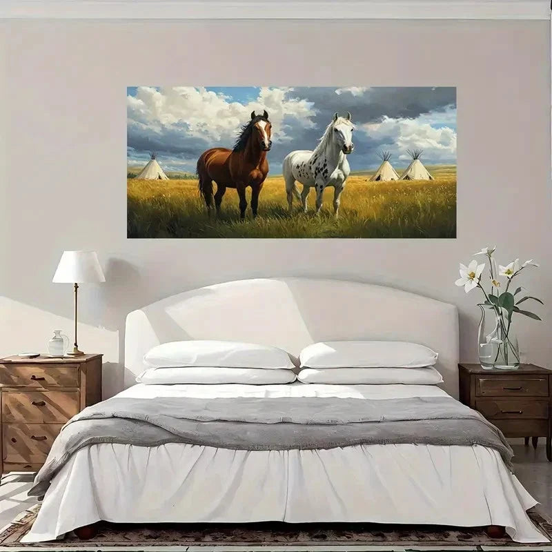American Horse Teepee Landscape Wall Art Canvas Office Home Room Framed 120x60cm