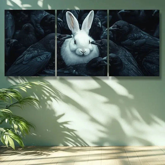 3pcs White rabbit, crow Art Painting Metal Print Ready to Hang Art