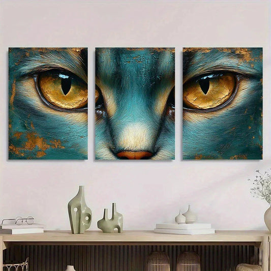 3pcs Classic Style Animal Themed Fabric Cat Metal Print Ready to Hang Art