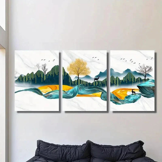 3pcs Abstract Landscape with Money Trees, Metal Print Ready to Hang Art