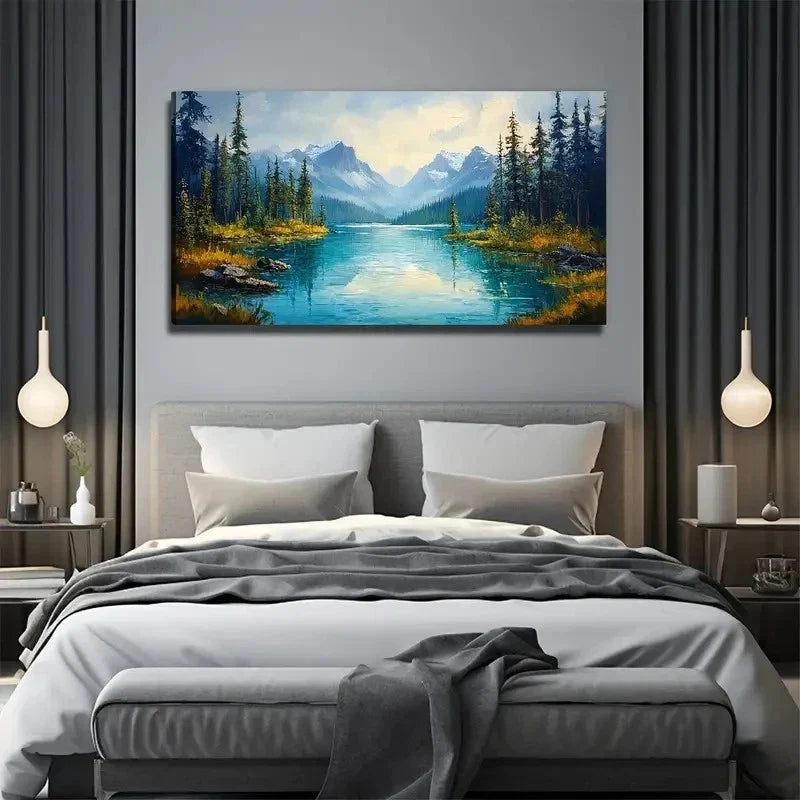 Vibrant Pine Tree Lake Wall Art Canvas Office Home Room Framed 120x60cm