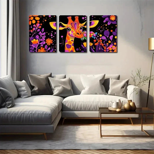 3pcs Flowers Giraffe Colorful Style Wall Art Set Canvas Framed 40x60cm - High Quality Print 100% Australian Made Wall Canvas Ready to Hang