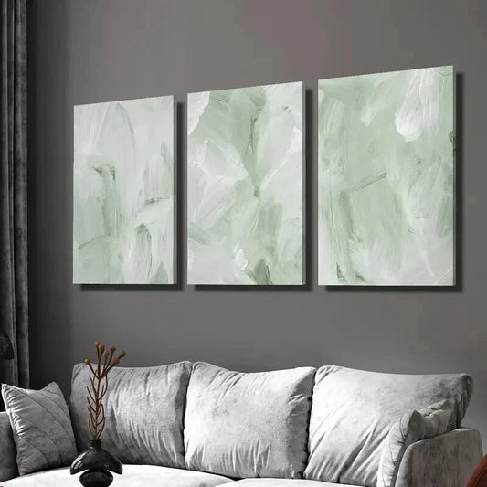 3pcs Sage Green & White Abstract Painting Wall Art Set Canvas Framed 40x60cm - High Quality Print 100% Australian Made Wall Canvas Ready to Hang