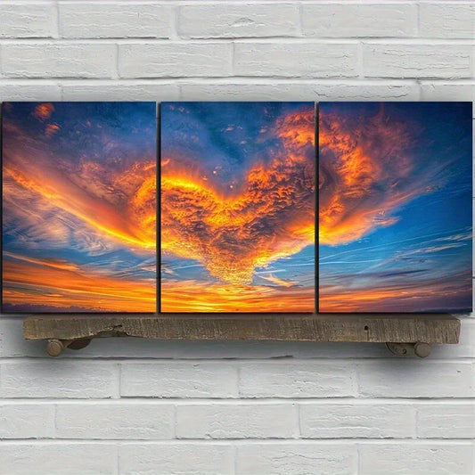 3pcs Heart-Shaped Cloud Sunset Metal Print Ready to Hang Art