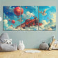 3pcs Small Train Air Balloon Blue Sky Metal Print Ready to Hang Art