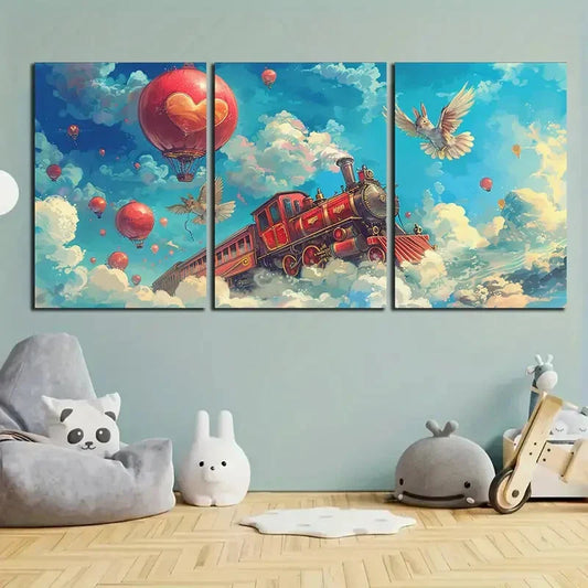 3pcs Small Train Air Balloon Blue Sky Metal Print Ready to Hang Art