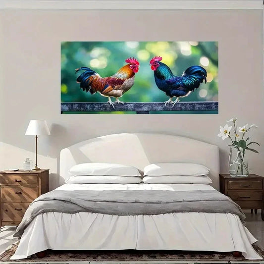 Two Vibrant Rooster Nature Wall Art Canvas Office Home Room Framed 80x45cm