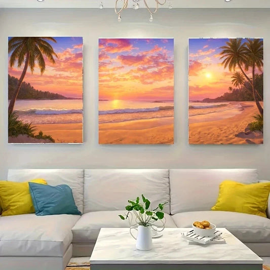 3pcs A Vibrant Sunset Over a Tropical Beach Metal Print Ready to Hang Art