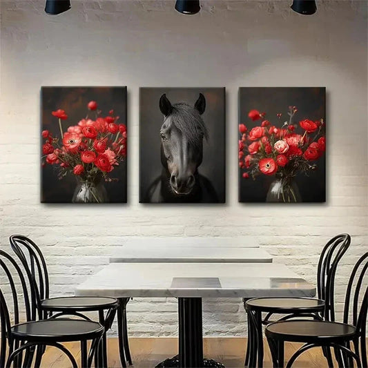 3pcs Majestic Black Horse and Red Floral Perfect Wall Art Set Canvas Framed 40x60cm - High Quality Print 100% Australian Made Wall Canvas Ready to Hang
